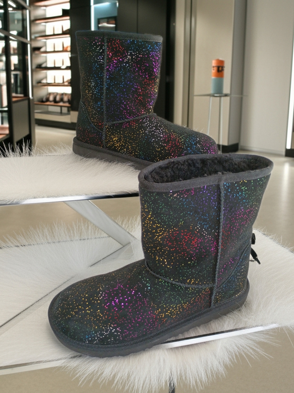 New UGG Classic II Shimmer Sky Glitter Boots in Black Rainbow Glitter